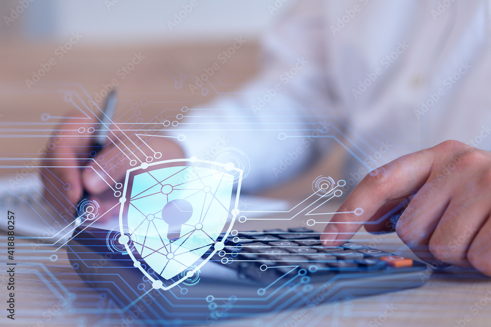 Poster a businessman computing probability of risks in cyber security protection using calculator. padlock 