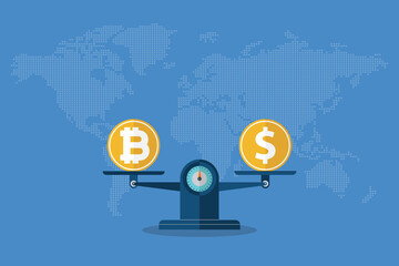 Bitcoin vs dollar - Coins on weight scale with world map in background.