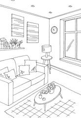 Fototapeta na wymiar Living room graphic black white home interior vertical sketch illustration vector 