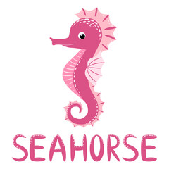 Seahorse, Scandinavian style hippocampus, hand drawn, beautiful detailed pink and text