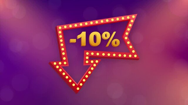 10 percent OFF Sale Discount Banner. Discount offer price tag. 10 percent discount promotion flat icon with long shadow. Motion graphics.