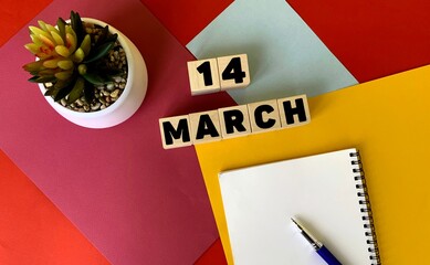 March 14 on wooden cubes. Next to it is a white notebook, a pen, and a potted flower .Calendar for March.