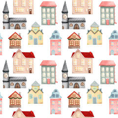 Hand drawn watercolor town seamless pattern with cute colorful houses in cartoon cute style. illustration on white. illustration for design card, fabric, background