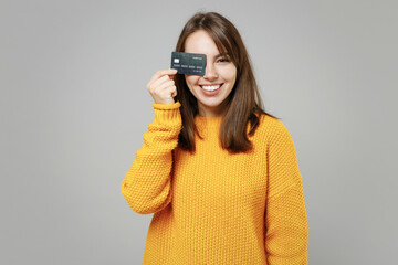 Young excited cheerful fun rich happy positive attractive caucasian woman 20s wearing casual...