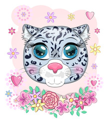 Cartoon snow leopard with expressive eyes among flowers, hearts, decorative elements. Wild animals, character, childish cute style