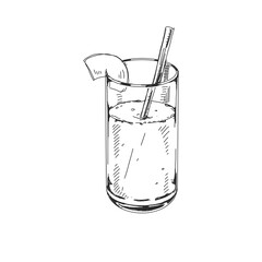 Coconut milk glass with straw, retro hand drawn vector illustration.
