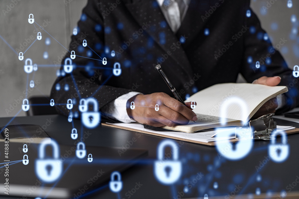 Poster businesswoman is taking notes of clients needs to protect cyber security from hacker attacks and sav
