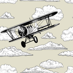 Seamless pattern with airplane and clouds. Hand-drawn vector vintage Illustration. © INESA
