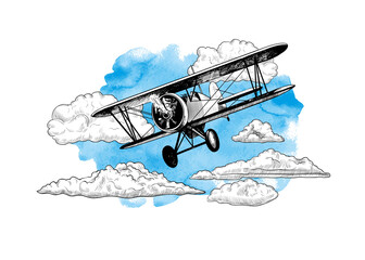 Airplane in the sky with clouds. Image of a biplane on a watercolor stain. Hand-drawn vector vintage Illustration. © INESA