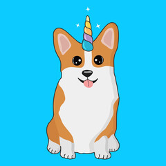 Illustration  of cute cartoon corgi dog with unicorn horn. It can be used for card, sticker, phone case, poster, t-shirt,  etc.