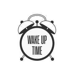 Alarm clock. Wake up vector poster concept. Black alarm Clock vector illustration. Wake-up time in school and at work. Flat icon in cartoon style.