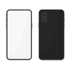 Realistic black Smartphone with blank screen, isolated on white background. Modern Mobile phone Front and Back view. Smart Phones two sizes mockup design. Vector illustration EPS 10.