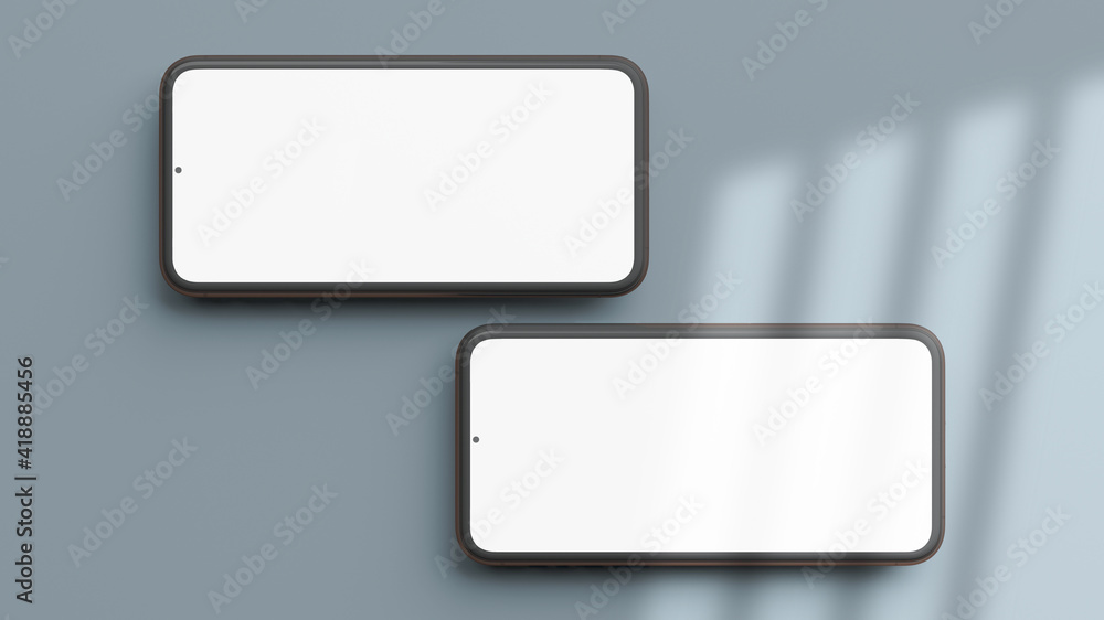 Poster two horizontal mobile phones mockup isolated on a blue background in flat lay and 3d rendering. real