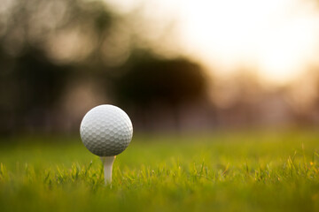 golf ball on tee in a beautiful golf course with morning sunshine