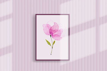 Pink watercolor flower hand-painted on a wall hanging picture frame