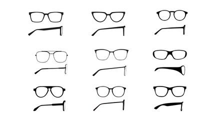 Vector isolated Illustration of a Glasses Frame Set. Set of Black glasses Frame Front and Side View