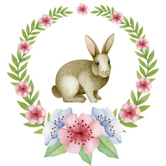 Floral Easter wreath. Watercolor spring hand painted illustration. Easter Bunny. Spring flowers. Hand drawn holiday background.