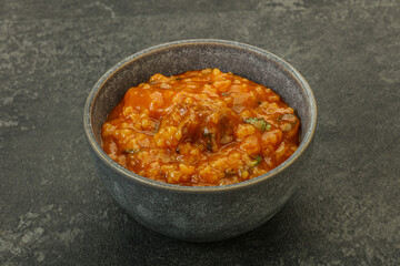 Traditional Georgian Kharcho soup with meat
