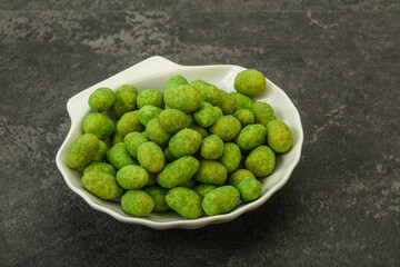 Spicy wasabi peanuts in the bowl
