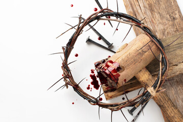 Crown of thorns and bloody nails isolated on white. Good Friday, Passion of Jesus Christ. Christian...