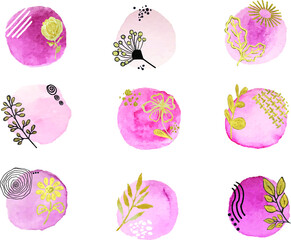 Vector abstract pink vintage watercolor stain elements, flowers and leaves. painting brush texture