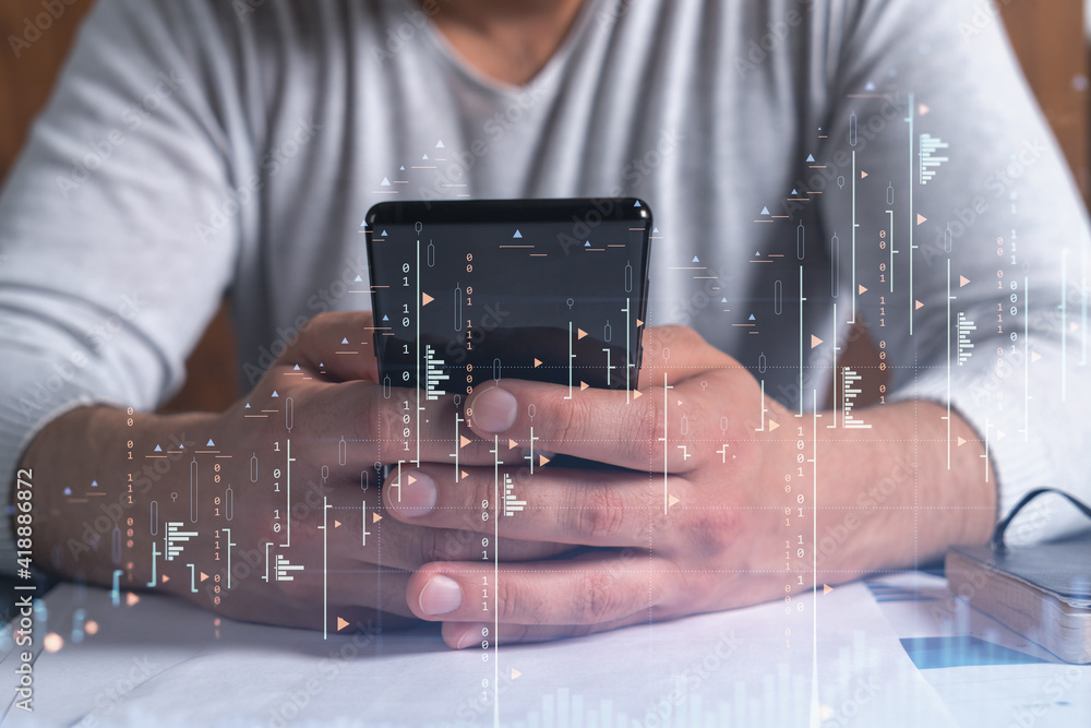 Poster trader holding in the hands a smart phone and researching stock market to proceed right investment s