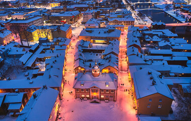 Aerial view of Old Porvoo in the winter evening with Christmas decoration, Finland. Porvoo is one of the most famous, beautiful old Finnish cities.
