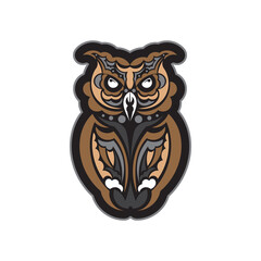 Colored print head of an owl. Hawaii and samoa patterns. Good for t-shirts, phone cases and more. Exclusive corporate design. Isolated. Vector illustration.