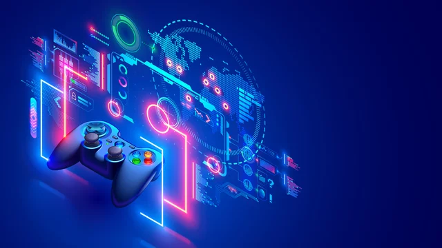 Online Video Games Concept Banner. E Sports In Internet. Computer Network  Games. Entertainment Technology. Gamepad Hovered Near Holographic Interface  And World Virtual Map. Web Gaming Communication. Royalty Free SVG,  Cliparts, Vectors, and