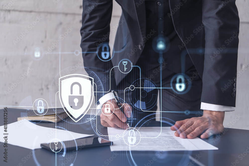 Poster a businessman in formal wear signing the contract to prevent probability of risks in cyber security.