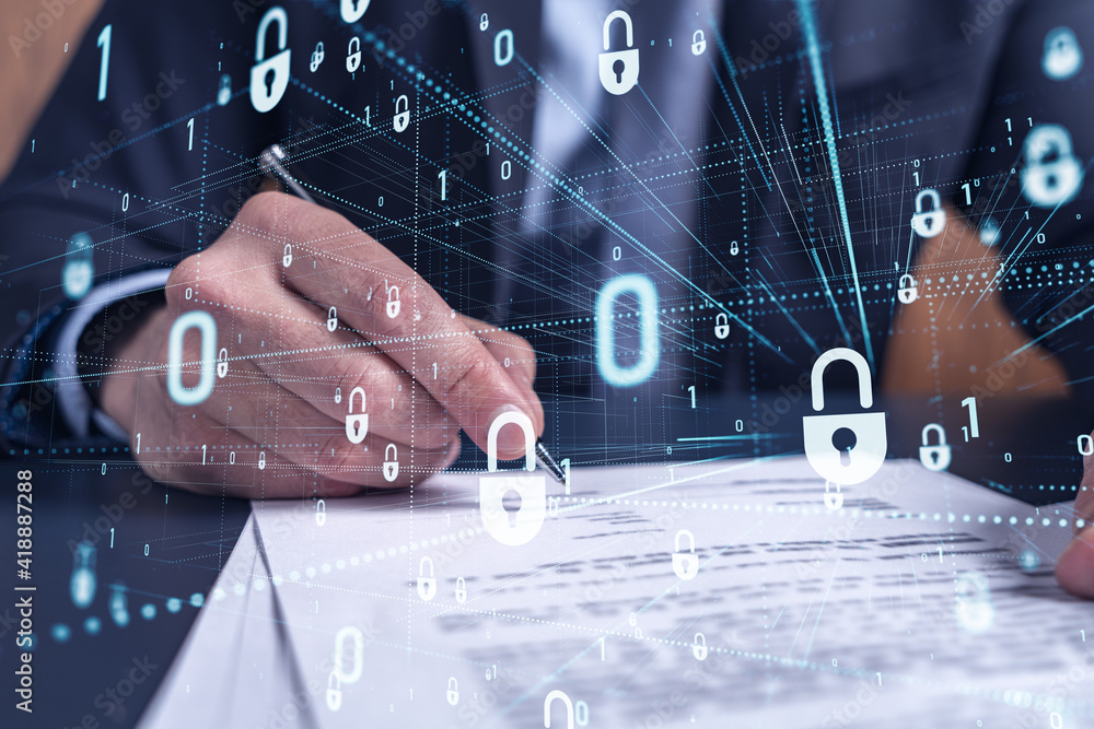 Poster a businessman in formal wear signing the contract to prevent probability of risks in cyber security.