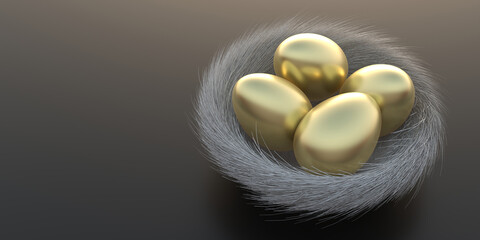 Happy Easter, gold painted eggs in a nest on gray color background. 3d illustration