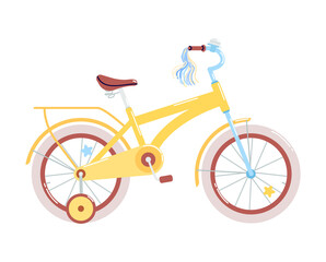 Fototapeta premium Yellow four-wheeled bicycle with a trunk. Cartoon bike with additional removable wheels. Vehicle illustration vector isolated on white background.