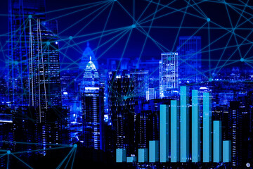 Fototapeta na wymiar Double business network trading on city technology background. 