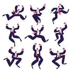 Set of happy businessmen jumping. A group of active successful young men in a dark suit with a red tie. Vector illustration of isolated joyful people on a white background.