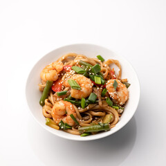 Giant prawns with vegetables. Seafood plate with Shrimp in asian restaurant. Template for design of restaurant menu and Web publications. Square format.