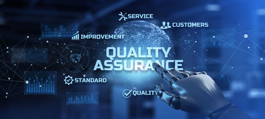 Quality assurance control guarantee customer satisfaction standards concept. Robot hand pressing button 3d render.