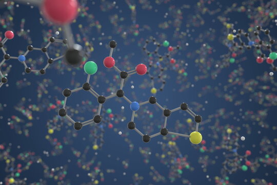 Clopidogrel molecule. Ball-and-stick molecular model. Chemistry related 3d rendering