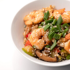 Giant prawns with vegetables, Close up. Seafood plate with Shrimp in asian restaurant. Template for design of restaurant menu and Web publications. Square format.