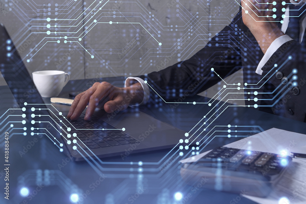 Poster hands typing the keyboard to create innovative software to change the world and provide a completely