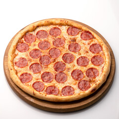 Whole Paperone pizza on white table background. Hot Pizza with sausage on wooden board. Delicious Pizza. Traditional italian food, top view. Nutrition dinner or lunch. Object isolated on white.