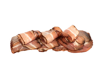 Slicing dry-cured pork brisket isolated on white background. Several pieces of pork brisket rolled up. Close up. Copy space.