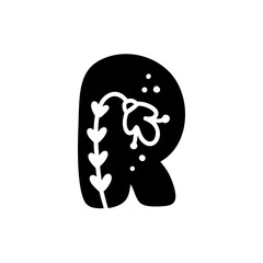 Vintage floral bold Letter R Logo spring. Classic R Summer Letter Design Vector with Black Color and Floral Hand Drawn with monoline pattern