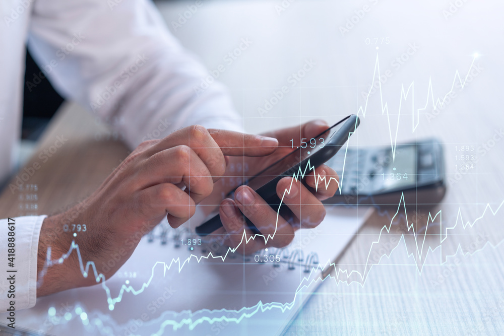 Poster trader holding in the hands a smart phone and researching stock market to proceed right investment s