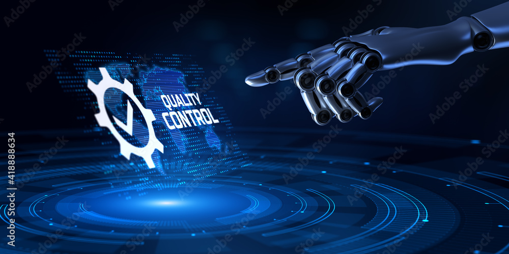 Poster quality control assurance standards technology concept. robot hand pressing button 3d render