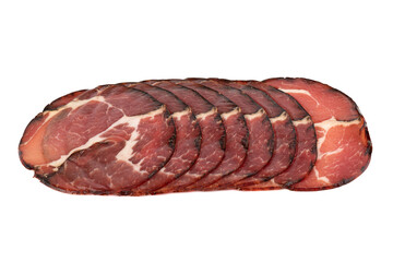 Dried smoked pork neck isolated on white background. Close up. Copy space.