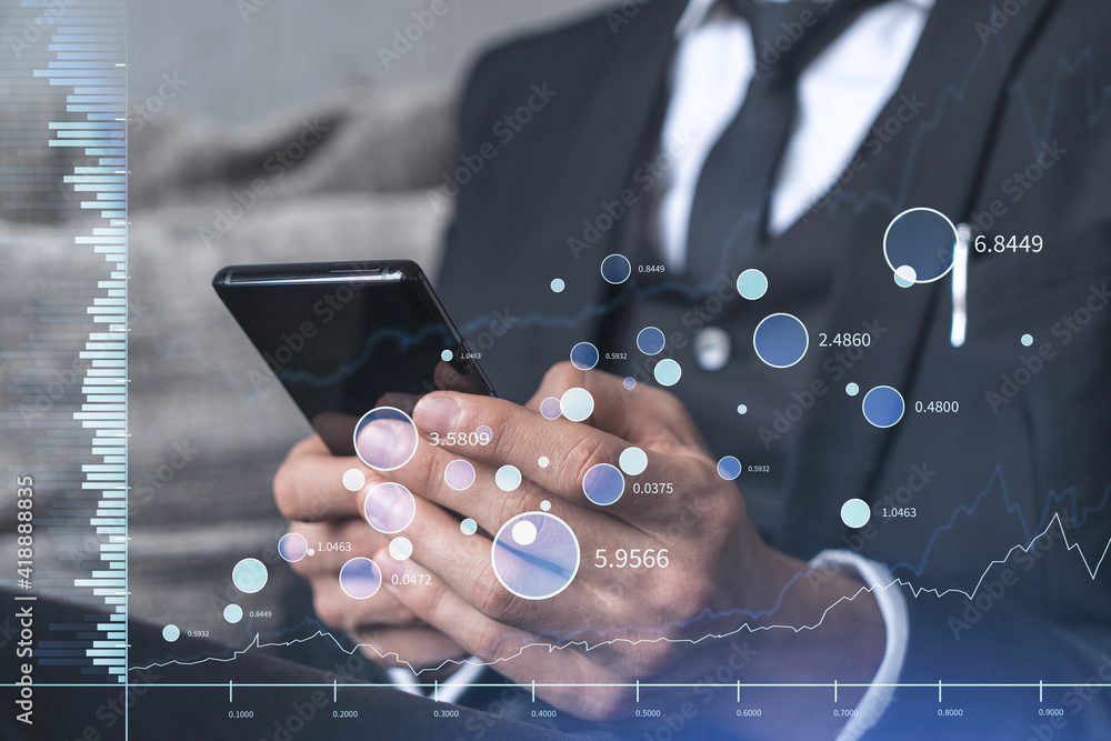 Poster trader holding in the hands a smart phone and researching stock market to proceed right investment s