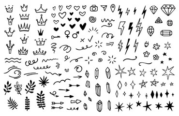 Muurstickers Vector set of different crowns, hearts, stars, crystals, sparkles, arrows, lightnings, diamonds, signs and symbols. Hand drawn, doodle elements isolated on white background. © Anna