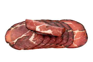 Dried smoked pork neck isolated on white background. One piece rolled up. Close up. Copy space.