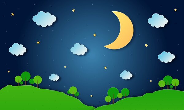 night sky. moon, stars and clouds in midnight. paper art style. vector illustration.